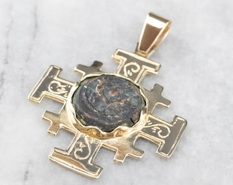 14K Gold Witwenmilbe Münze Kreuz Anhänger, Jerusalem Kreuz