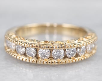 14K Yellow Gold Diamond Wedding Band, Channel Set, Patterned Anniversary Ring