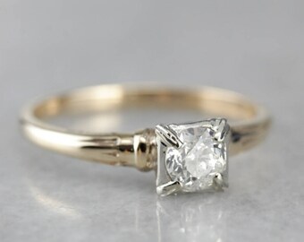 Vintage European Cut Diamond Ring, 14K Gold Solitaire, Retro Engagement Ring