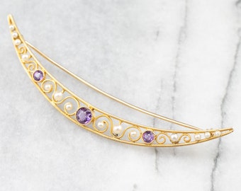 Amethyst and Pearl Crescent Moon Brooch, Yellow Gold Moon Pin, Statement Jewelry, Gifts for Her, Amethyst Jewelry, Birthday Gift 16YT7X38