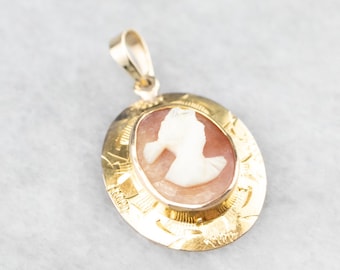 10K gult guld snäckskal cameo hänge, oval mitten av århundradet