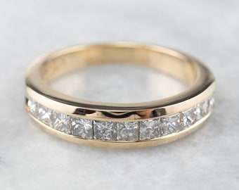 14K Yellow Gold Princess Cut Diamond Wedding Band, Anniversary Stacking Ring