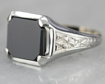 Art Deco Black Onyx Ring, White Gold Onyx Ring, Black Stone Ring, Estate Jewelry 1KVNTDZK