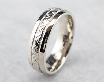Patterned 14K White Gold Wedding Band, Unisex Vintage Ring