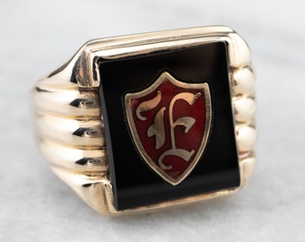 Men's Vintage 10K Gold "F" Monogram Onyx Signet Ring