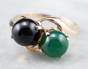 Black and Green Onyx Statement Ring, Onyx Bypass Ring, Yellow Gold Onyx Ring, Onyx Cabochon Ring, Double Stone Ring, Gifts for Her P92CCZ0D