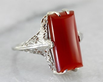 Carnelian Cabochon Art Deco Cocktail Ring, White Gold Filigree 24WREQ-N