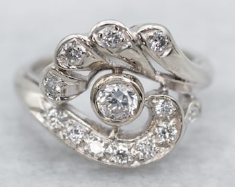 Retro 14K White Gold Diamond Cocktail Ring, 1950s Fine Jewelry