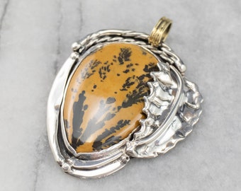 Dendritic Jasper Pendant, Jasper Statement Pendant, Jasper Jewelry, Mix Metal Pendant, Unisex Pendant, Sterling Silver and Gold A4CLX49V