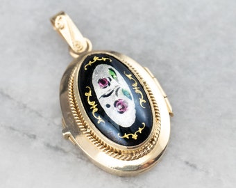 Vintage Enamel Floral Locket, 14K Yellow Gold, Victorian Revival