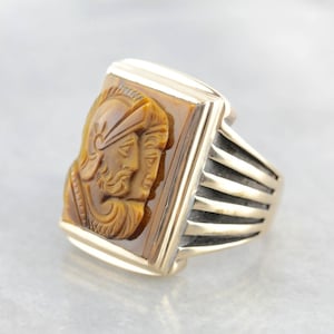 Fantastic Carved Tiger&#39;s Eye, Vintage Men&#39;s Statement Ring, Vintage Intaglio Tiger&#39;s Eye Ring, Men&#39;s Intaglio Ring 7ZH9XV-R