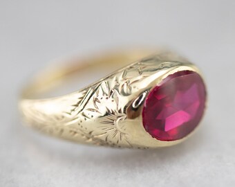 1920s Green Gold Floral Ring, Synthetic Ruby Unisex Ring