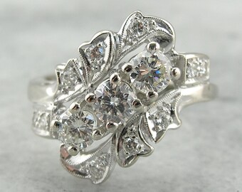 1950s Diamond Cocktail Ring, 14K White Gold Hollywood Regency Style