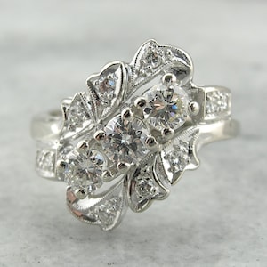 1950s Diamond Cocktail Ring, 14K White Gold Hollywood Regency Style