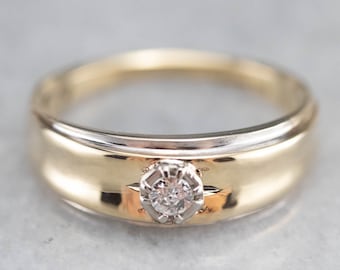 Mens Diamond Solitaire with Brushed Finish and Etched Design in Yellow Gold 14k .10 ct