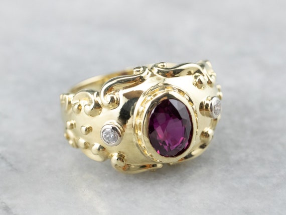 14K Yellow Gold Three Stone Ruby Diamond Ring, Si… - image 2