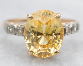 14K Gold Yellow Zircon Diamond Ring, Retro Era
