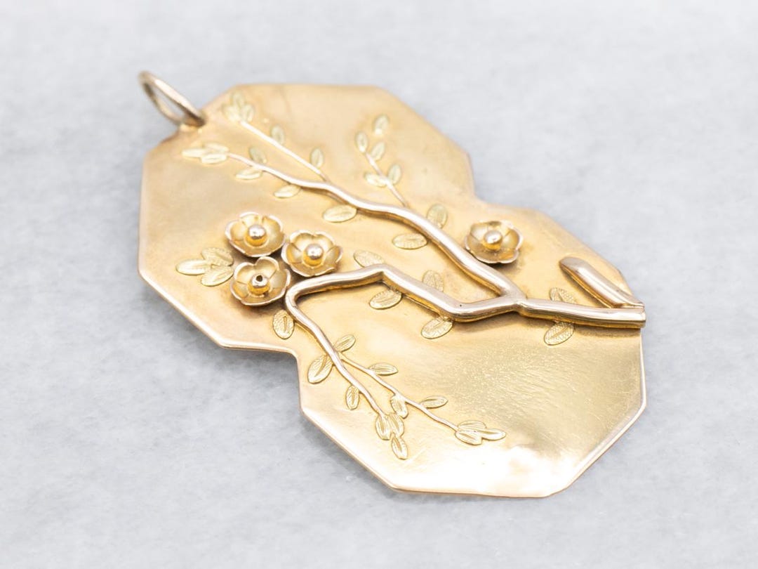 14K Yellow Gold Cherry Blossom Medallion Pendant, Botanical Jewelry - Etsy