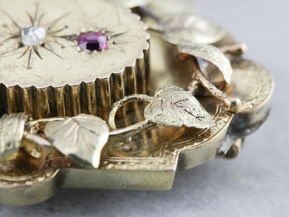 Victorian Botanical Diamond Ruby Gold Brooch Pend… - image 5