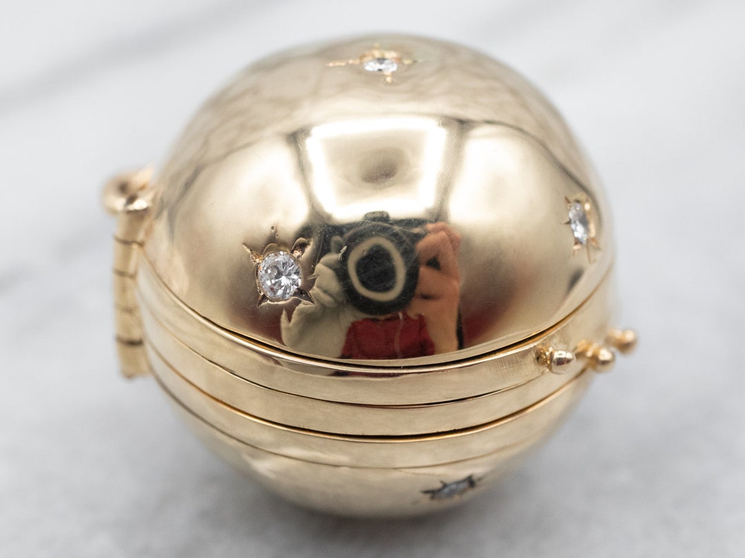 Diamond Encrusted Gold Ball Locket, Globe Locket, Yellow Gold Pendant
