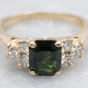 Green Tourmaline Diamond Ring, Yellow Gold Tourmaline Ring, Tourmaline Jewelry, Birthstone Ring, Anniversary Ring, Green Stone Ring A64464