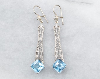 Blue Topaz and Diamond Filigree Earrings, Topaz White Gold Drop Earrings, Bridal Jewelry, Anniversary Gift A29753