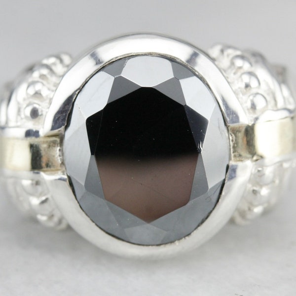 Faceted Hematite Statement Ring, Mix Metal Ring, Silver and Gold, Cabochon Ring RJ0WWZC1