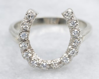 14K White Gold Diamond Horseshoe Ring, Lucky Charm Ring