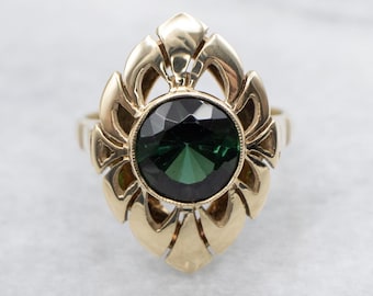 Vintage 14K Gold Green Tourmaline Ring, Mid-Century Dinner Ring