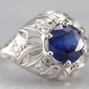 Art Deco Sapphire Cocktail Ring, Sapphire and Diamond Ring, Platinum Filigree Ring, Anniversary Ring, September Birthstone CEZP7VD8
