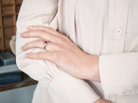 Platinum Ruby Ring with Emerald Cut Diamonds - image 5