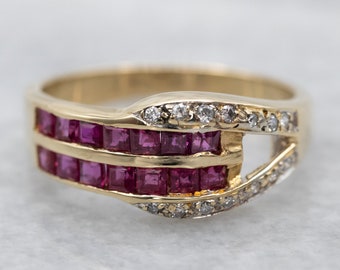 Vintage 14K Gold Synthetic Ruby Diamond Buckle Ring, Size 6.75
