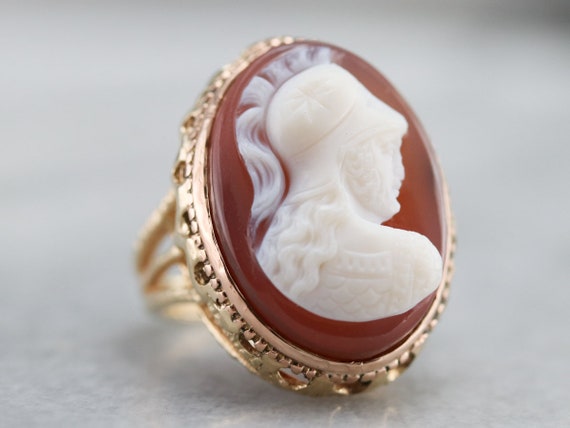 Mid Century Spartan Cameo Ring, Vintage Gold Came… - image 3