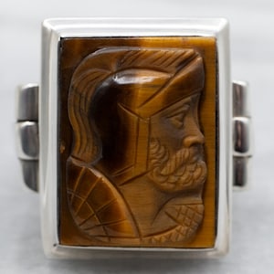 Tiger&#39;s Eye Cameo Ring, Statement Ring, Carved Tiger&#39;s Eye, Sterling Silver Cameo Ring, Unisex Cameo Ring, Tigers Eye Jewelry A39483