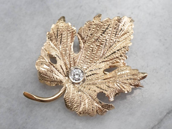 Gold Diamond Grape Leaf Brooch, Gold Leaf Pin, Di… - image 1