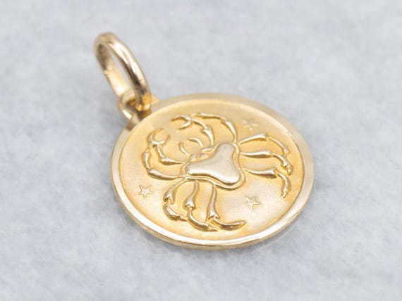 18K Gold Cancer Zodiac Pendant, Engraved Disc Charm