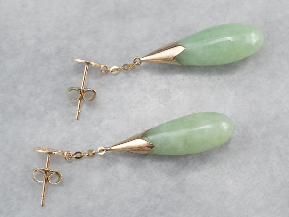 Jade Drop Earrings Jade Teardrop Earrings Yellow Gold Jade Etsy