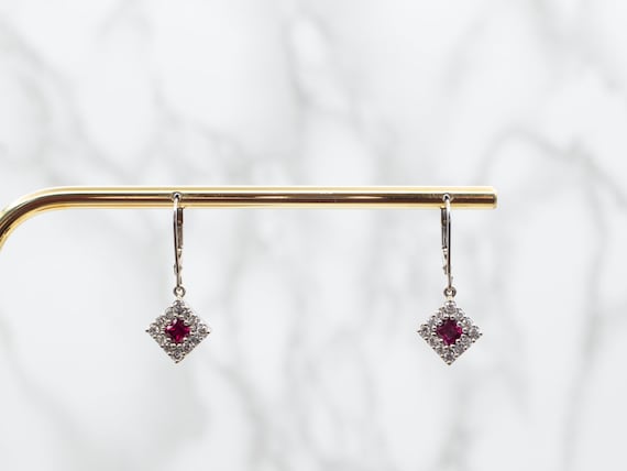 14K White Gold Ruby Halo Diamond Drop Earrings - image 4
