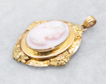 Mid Century 10K Gelbgold Floral Muschel Cameo Anhänger