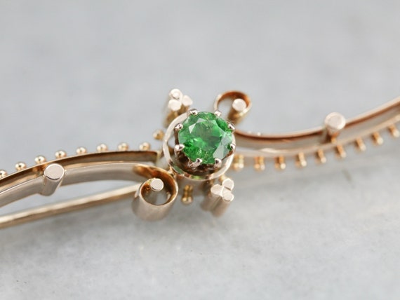 Vintage Green Garnet Gold Bar Pin, Victorian Revi… - image 1