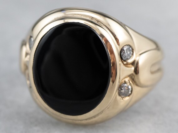 Vintage 10 Karat Yellow Gold Onyx and Diamond Cat Ring Size 10