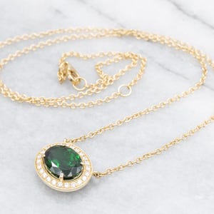 Green Tourmaline and Diamond Necklace, Halo Pendant Necklace, Tourmaline Necklace, Yellow Gold Tourmaline Necklace, Gifts for Her A58271