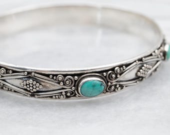 Ornate Turquoise Sterling Silver Bangle Bracelet, Boho Style