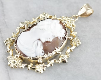Vintage 14K Gelbgold Muschel Cameo Anhänger, verzierten Blumenrahmen