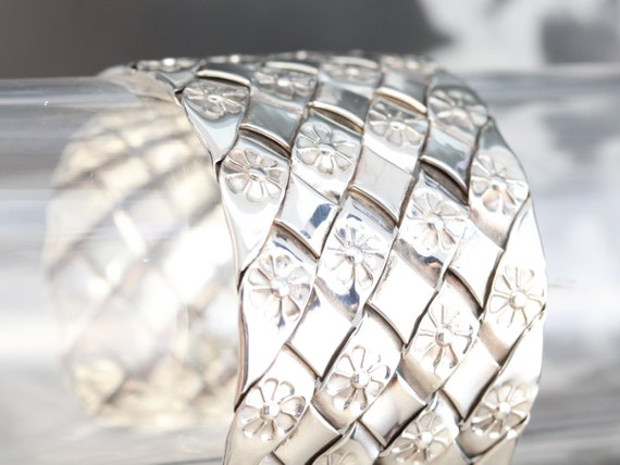 Wide Sterling Silver Cuff Bracelet, Floral Cuff B… - image 7