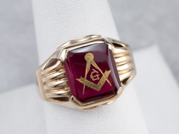Vintage 10K Yellow Gold Masonic Ring, Ruby Glass,… - image 7