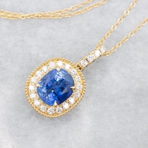 Sapphire and Diamond Necklace, Halo Pendant Necklace, Sapphire Necklace, Yellow Gold Sapphire Necklace, Gifts for Her, Bridal Jewelry A56788