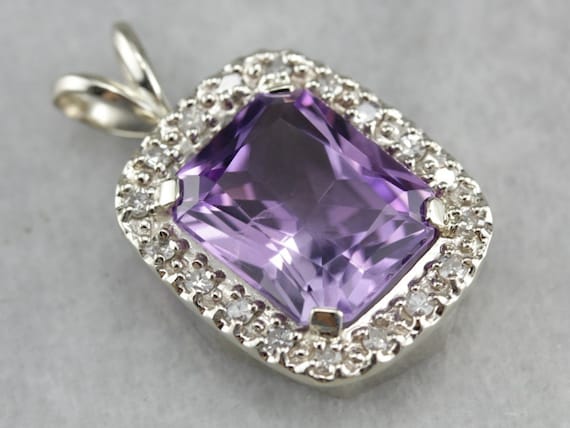 Amethyst Halo Pendant, Amethyst and Diamond, Amet… - image 1