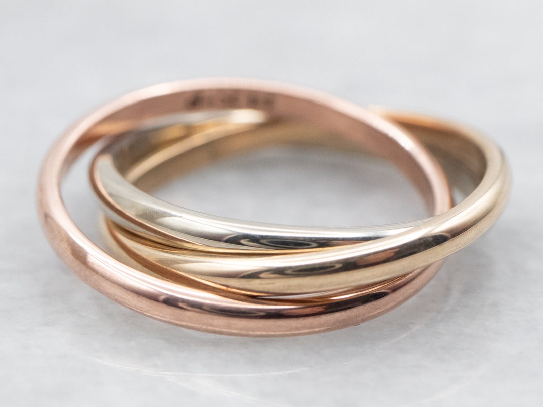 14K Tri Color Gold Rolling Ring, Interlocking Stacking Band - Etsy