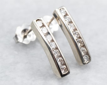 White Gold Diamond Drop Earrings, Channel Set Diamond Earrings, 14K White Gold Earrings, Diamond Bar-Set Earrings, Diamond Jewelry A37426